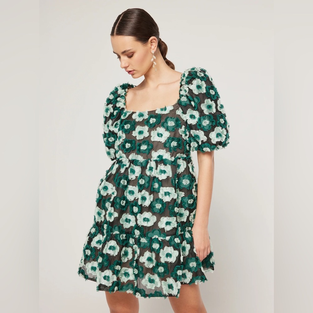 NEW Elliatt Emerald Planetary Floral Puff-Sleeve Mini Dress Size Large